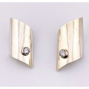 Sterling Silver CZ Modernist Earrings Statement Mexican Signed Alicia 950 Curved